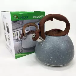 Чайник Unique со свистком UN-5306 2,7л мрамор, чайник для газовой плитки, чайник на плиту. Цвет: серый