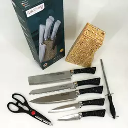 Набор ножей Rainberg RB-8806 на 8 предметов с ножницами и подставкой, из нержавеющей стали. Цвет: черный