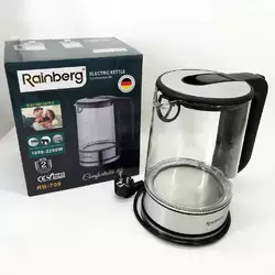 Дисковый электрический чайник Rainberg RB-709 стеклянный с подсветкой, бесшумный чайник. Цвет: черный