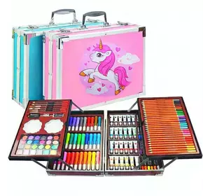 Набор для творчества в алюминиевом чемодане Единорог 145 предметов, чемодан для рисования детский кейс. Цвет: розовый